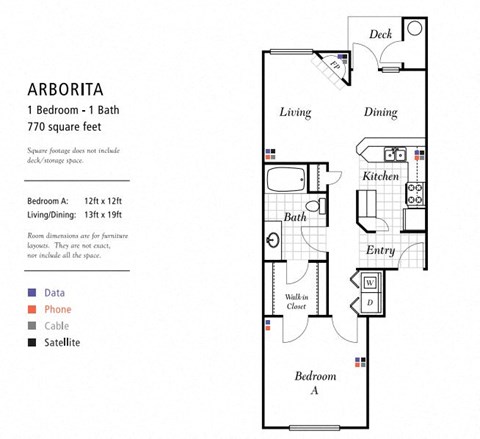 Floor plan for 1 bed, 1 bath, 770 sqft